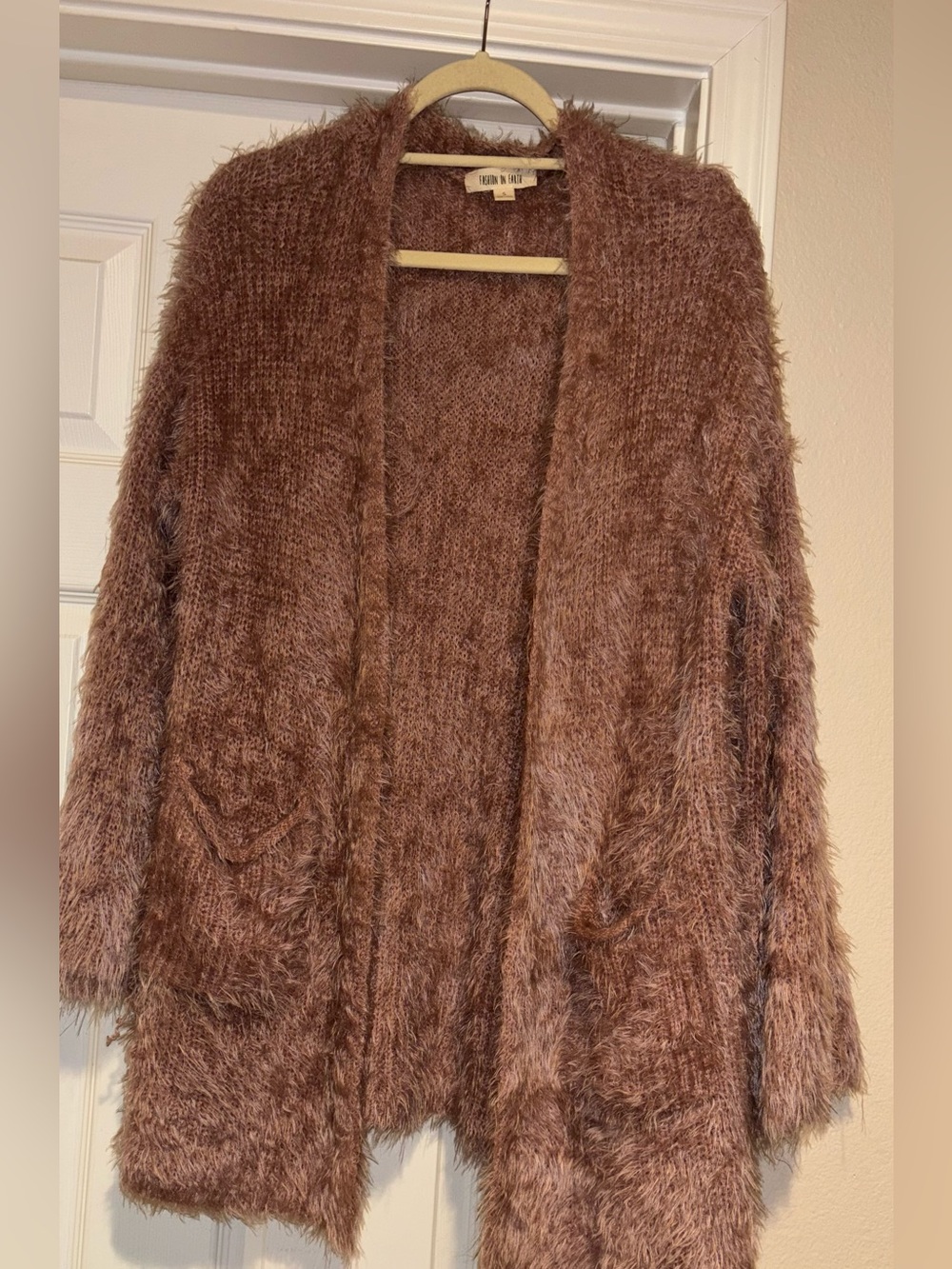 Fashion on Earth Fuzzy Open-Front Cardigan in Dusty Rose Brown S